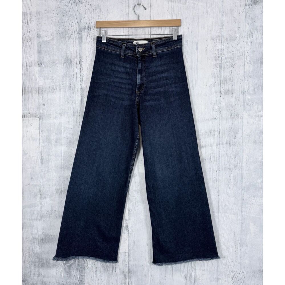 Zara Blue Jeans Relaxed Wide Leg High Rise Raw Hem Ankle Denim Pants Sz 8 (28")